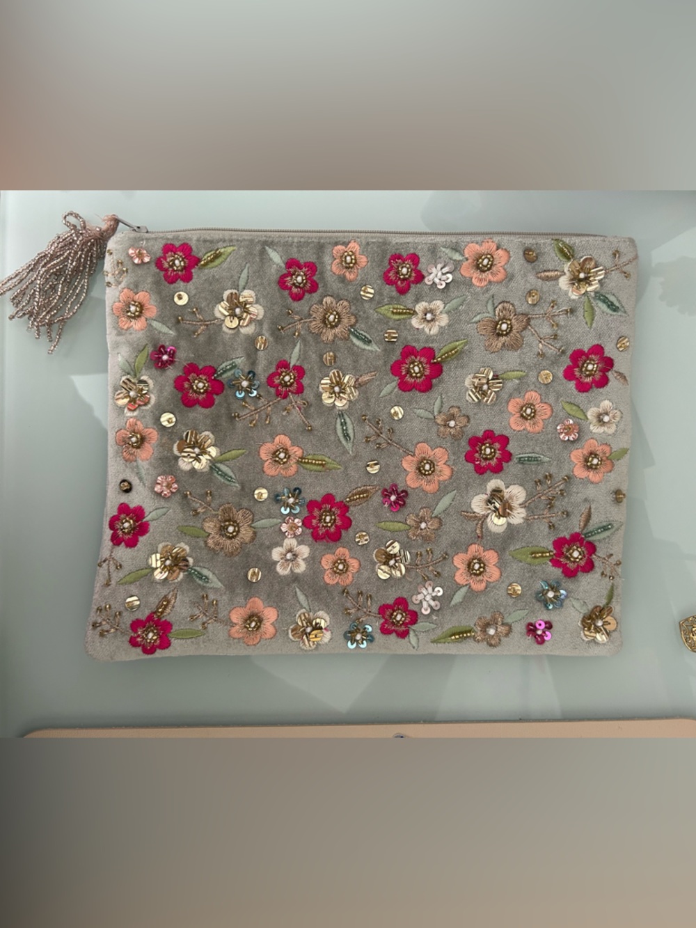 Embellished Floral Beadwork Pouch